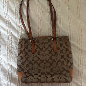 Coach Brown and Tan Signature Shoulder Bag